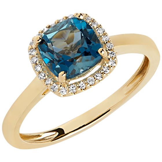 Aveny - Firkantet London Blue Topaz & Diamant Ring - 14 Karat Guld